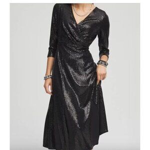 Chico’s Black Sequin Faux Wrap Midi Dress Size 3 (XL)